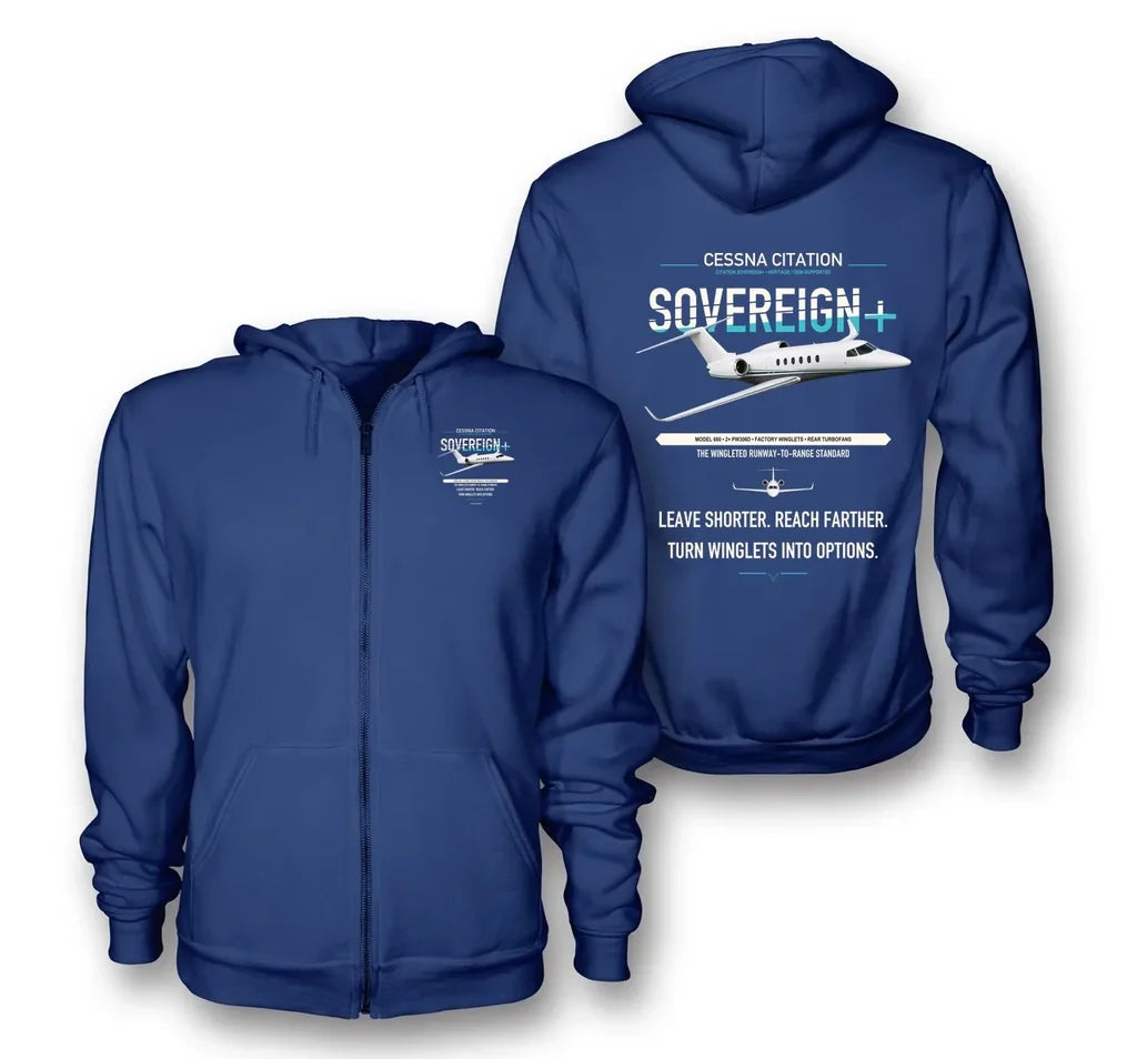 Cessna Citation Sovereign+ design on blue premium zipped hoodie, double-side print