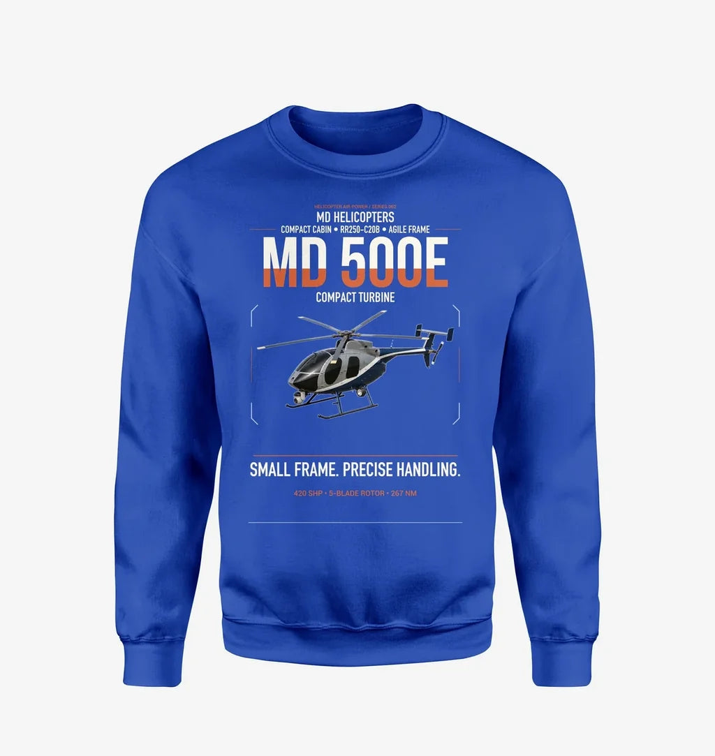 MD Helicopters MD 500E design on blue sweatshirt