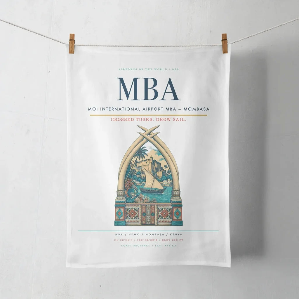 Moi International Airport (MBA) design on white towel