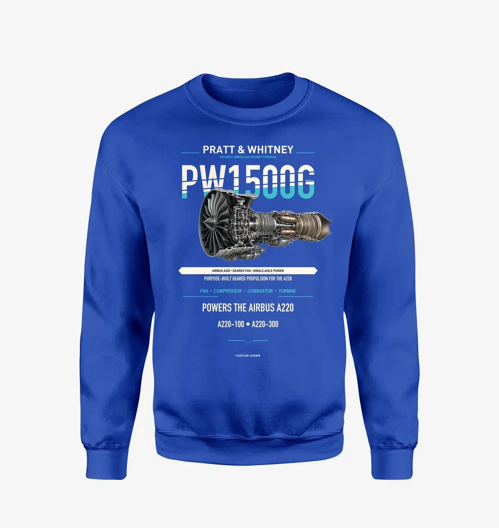PW1500G design on blue sweatshirt