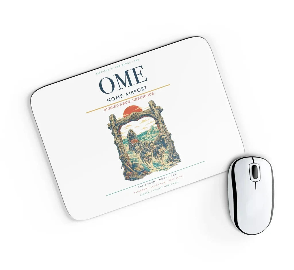Nome Airport (OME) design on white rectangle mouse pad