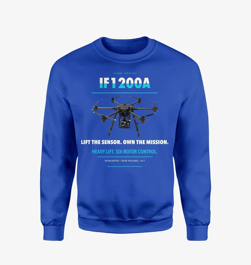 Inspired Flight IF1200A design on blue sweatshirt