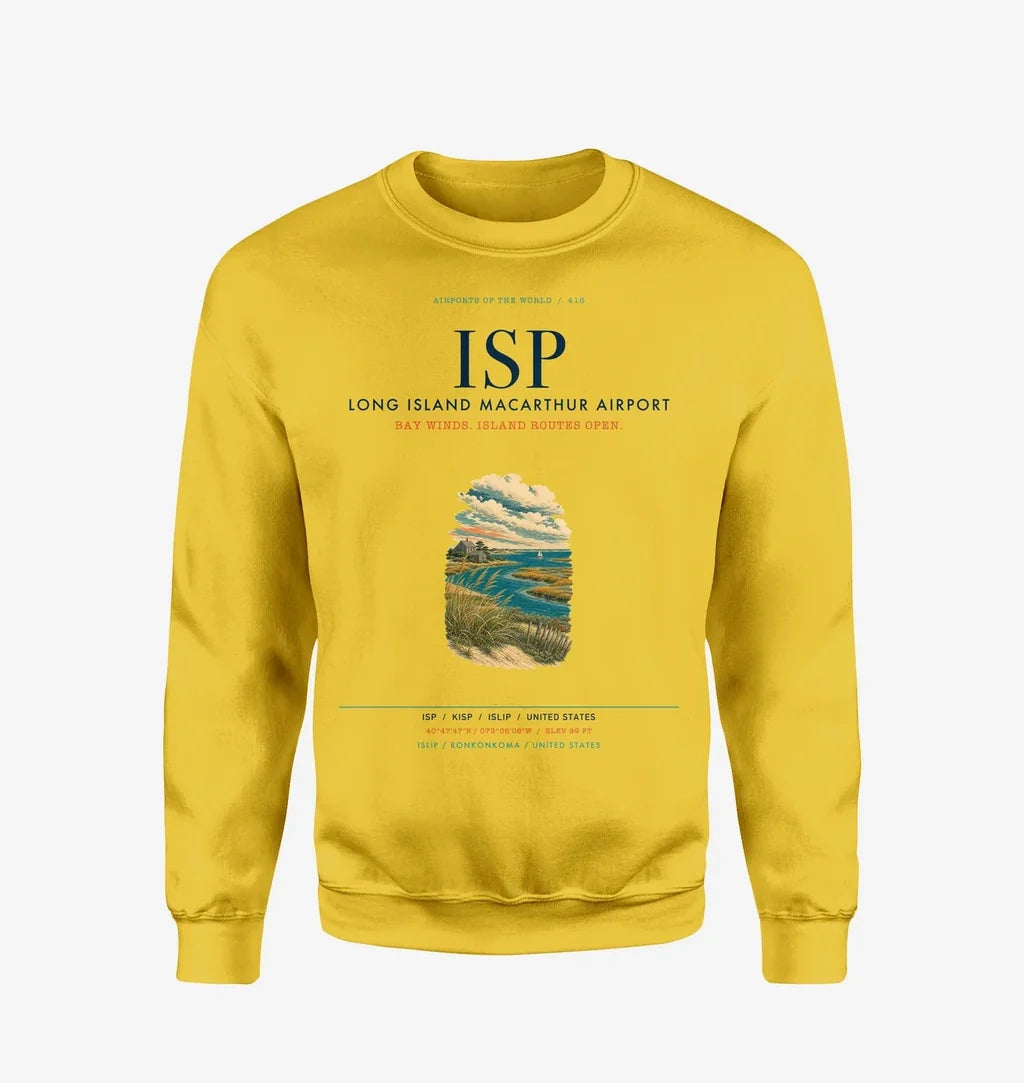 Long Island MacArthur Airport (ISP) design on yellow sweatshirt
