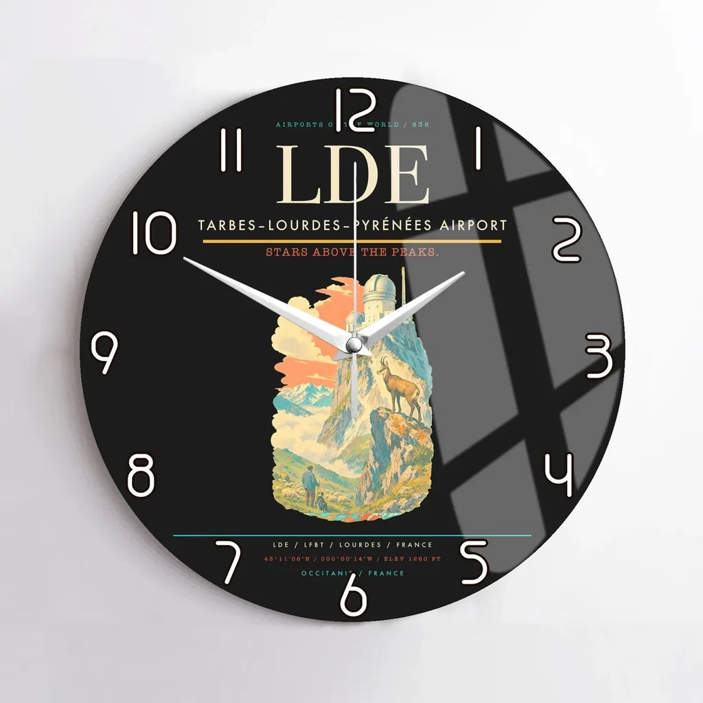 Tarbes–Lourdes–Pyrénées Airport (LDE) design on black no frame wall clock