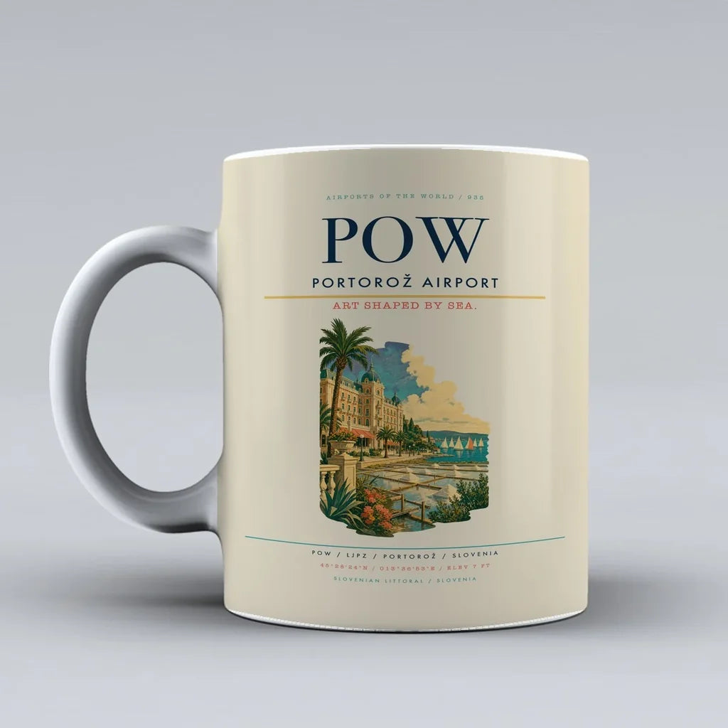 Portorož Airport (POW) airport code design on beige ceramic mug