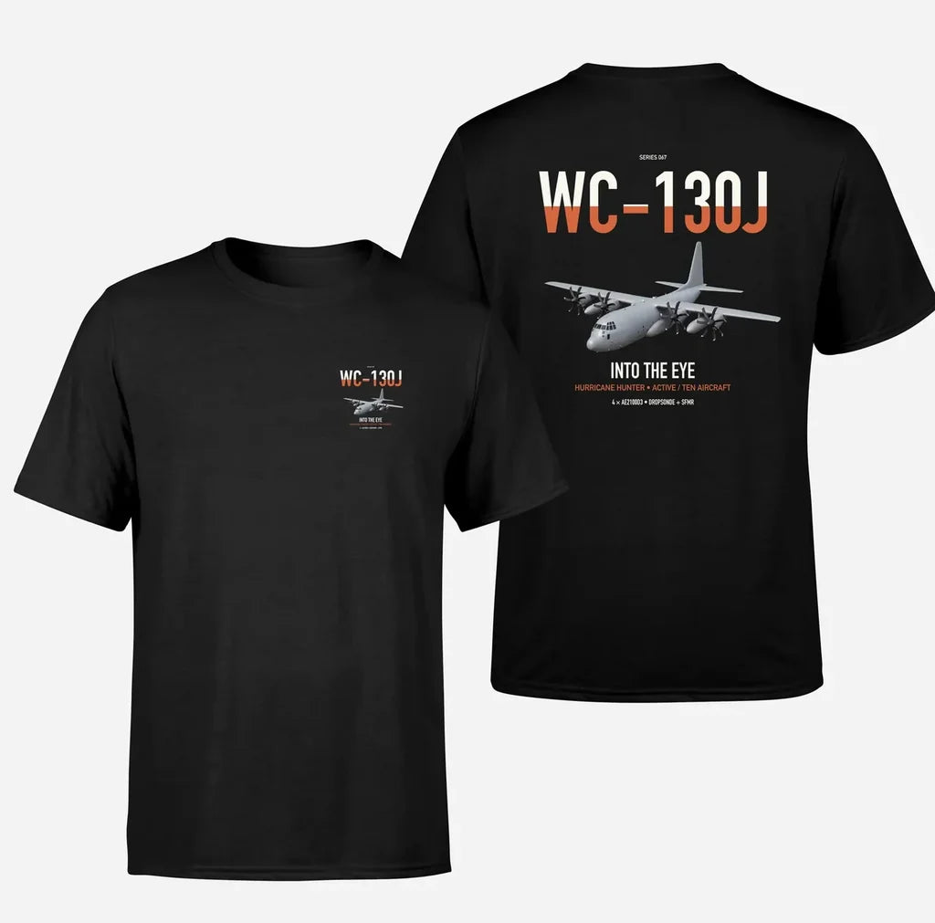 WC-130J Hurricane Hunter design on black double-side t-shirt, double-side print
