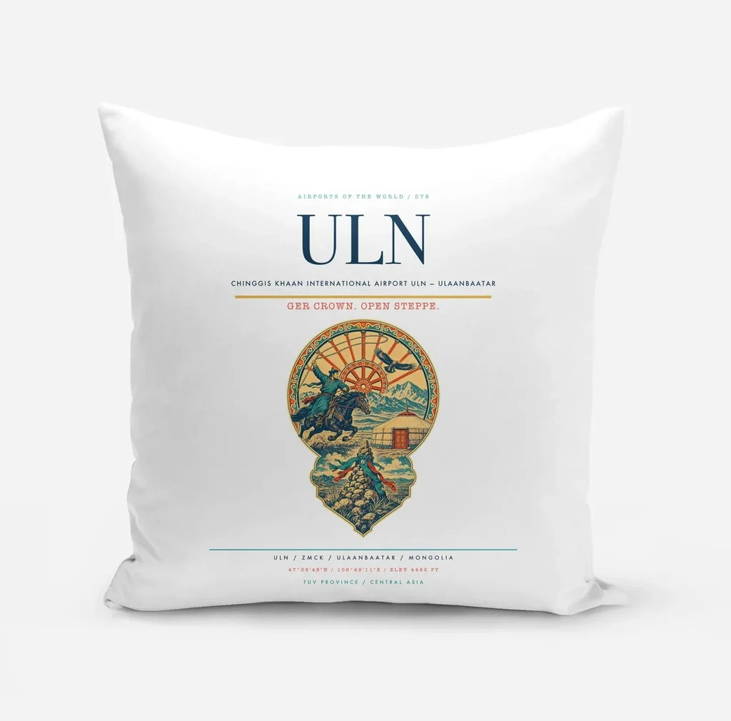 Chinggis Khaan International Airport (ULN) design on white pillow