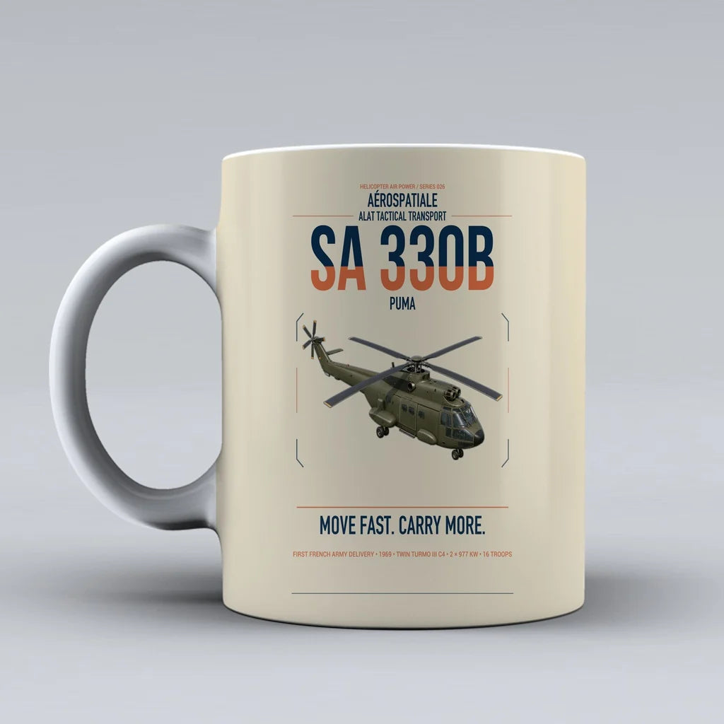 Aérospatiale SA 330B Puma design on beige ceramic mug, double-side print