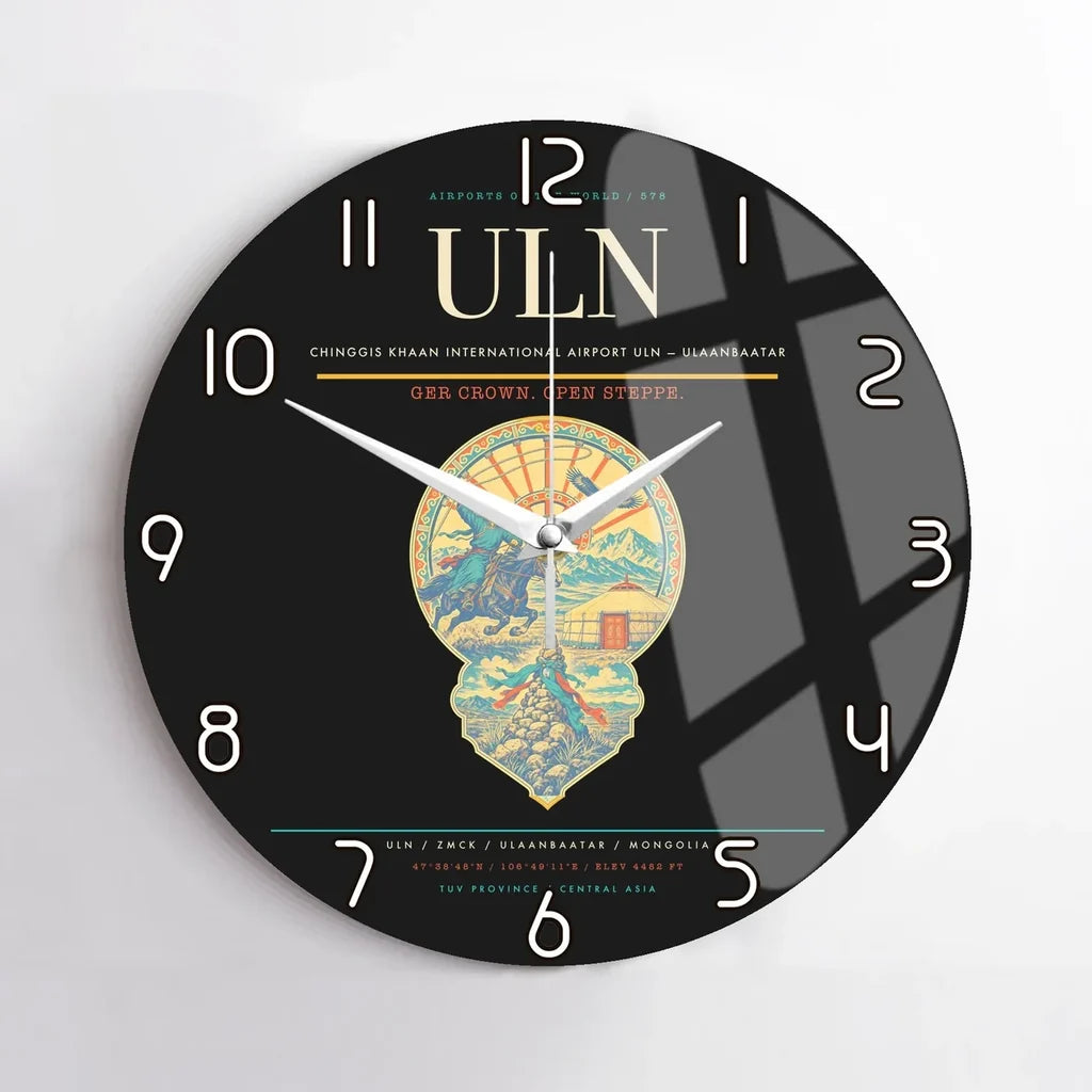 Chinggis Khaan International Airport (ULN) design on black no frame wall clock