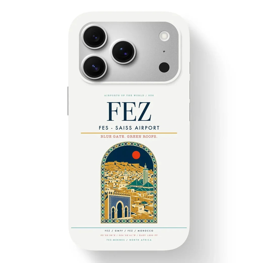 Fez Airport (FEZ) design on white iPhone 17 Pro MagSafe case