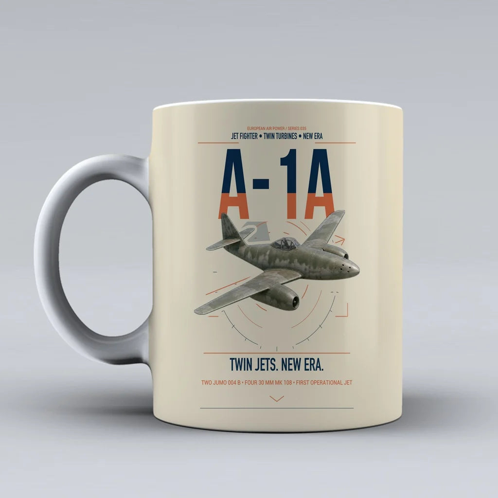 Messerschmitt Me 262A-1a design on beige ceramic mug, double-side print
