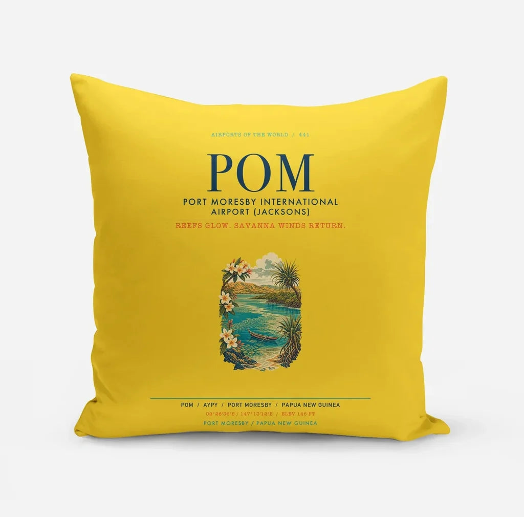 Port Moresby International Airport (POM) design on yellow pillow