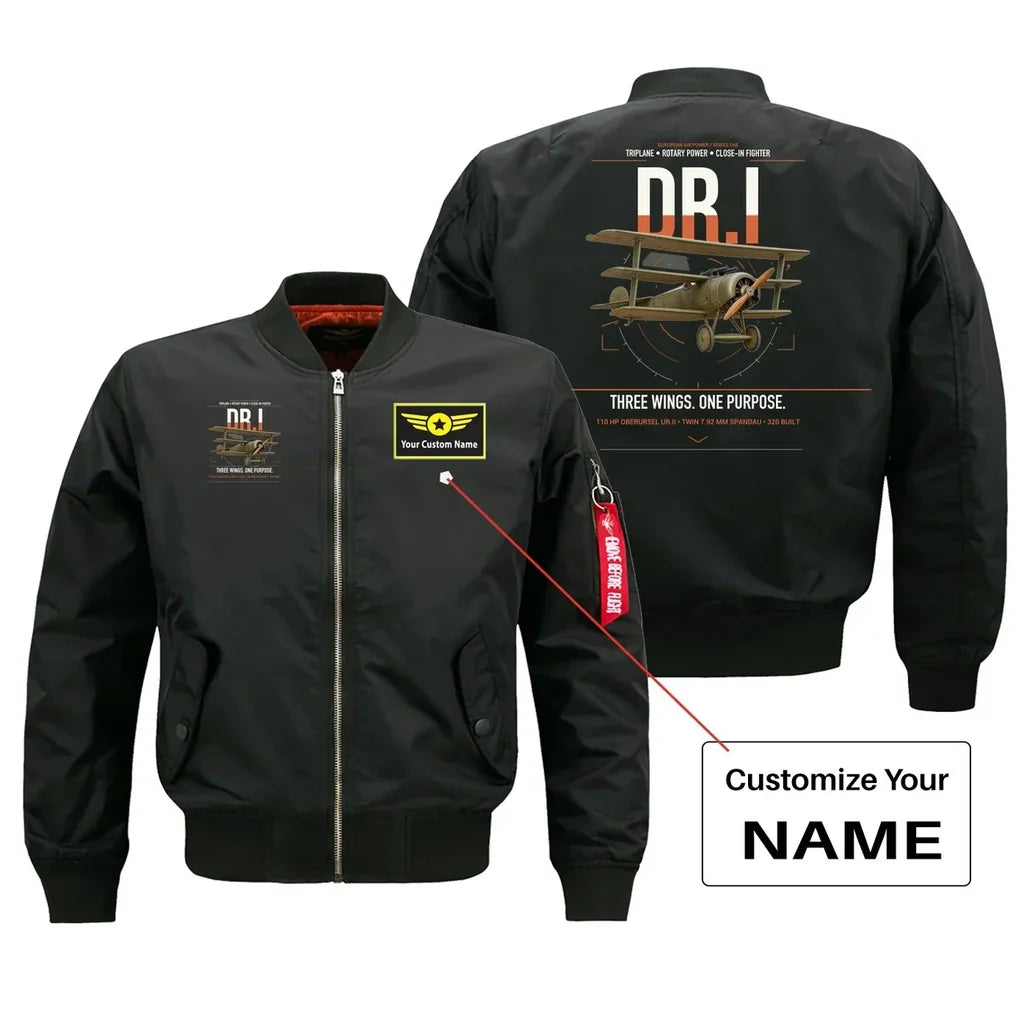 Fokker Dr.I design on black+name bomber jacket, double-side print