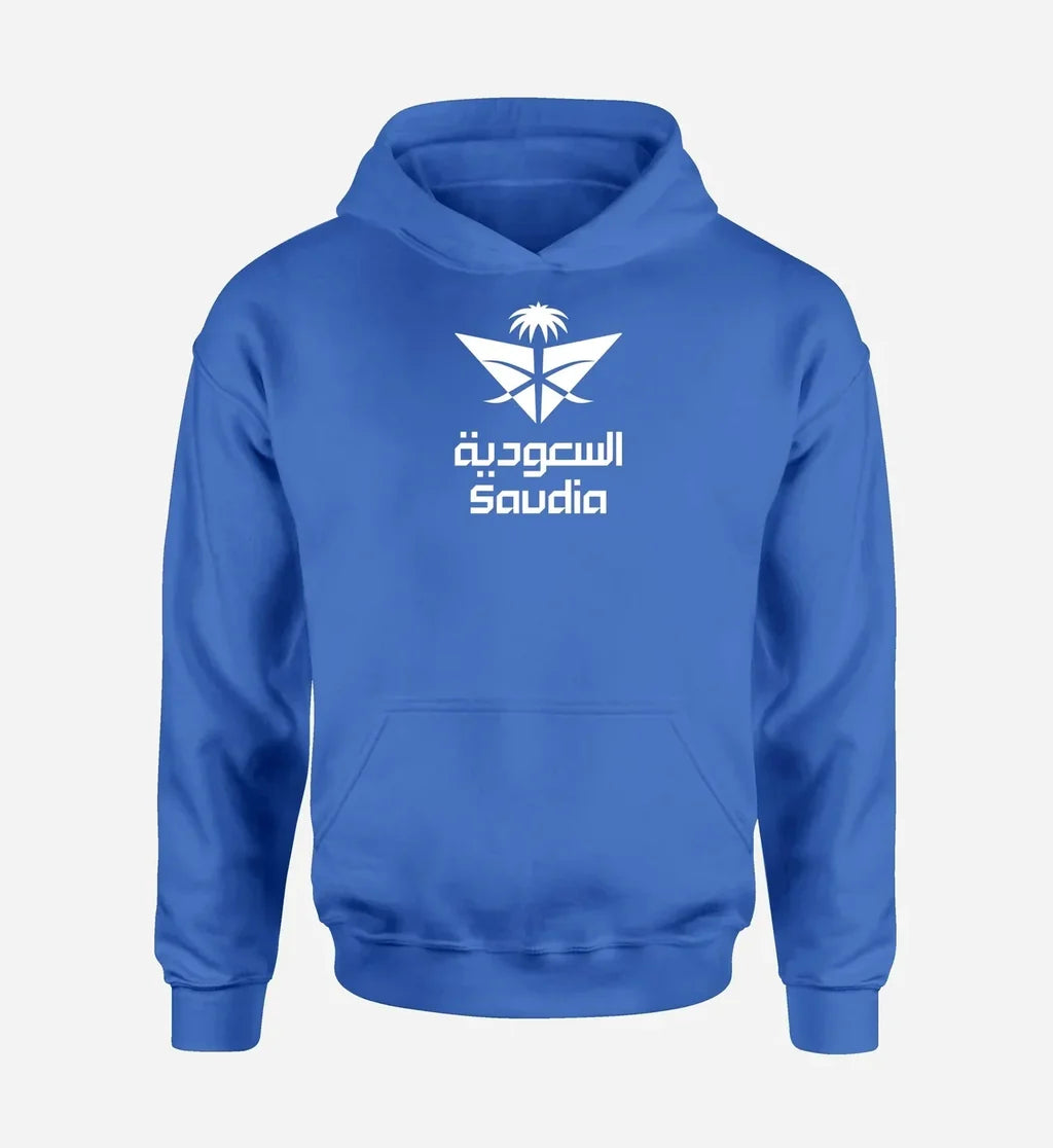 Saudi Arabian Airlines logo printed on blue hoodie