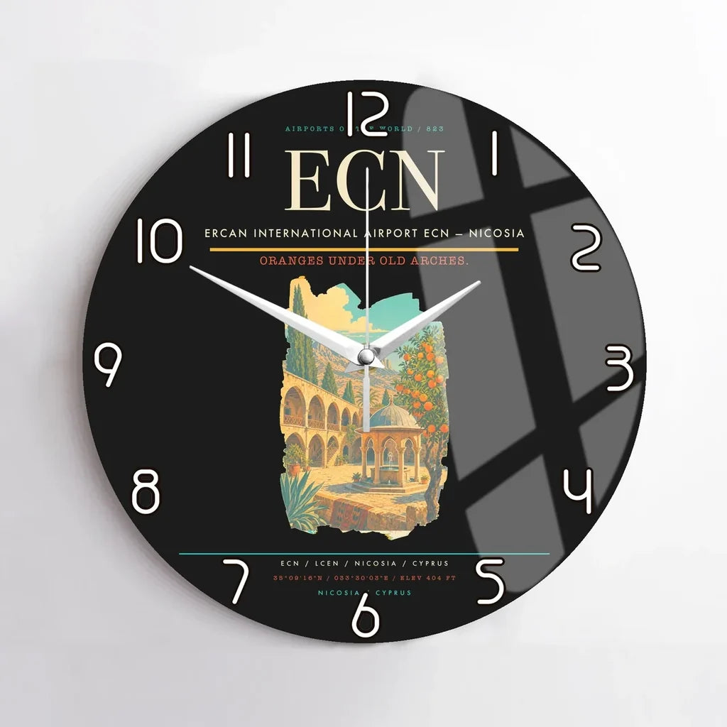 Ercan International Airport (ECN) design on black no frame wall clock