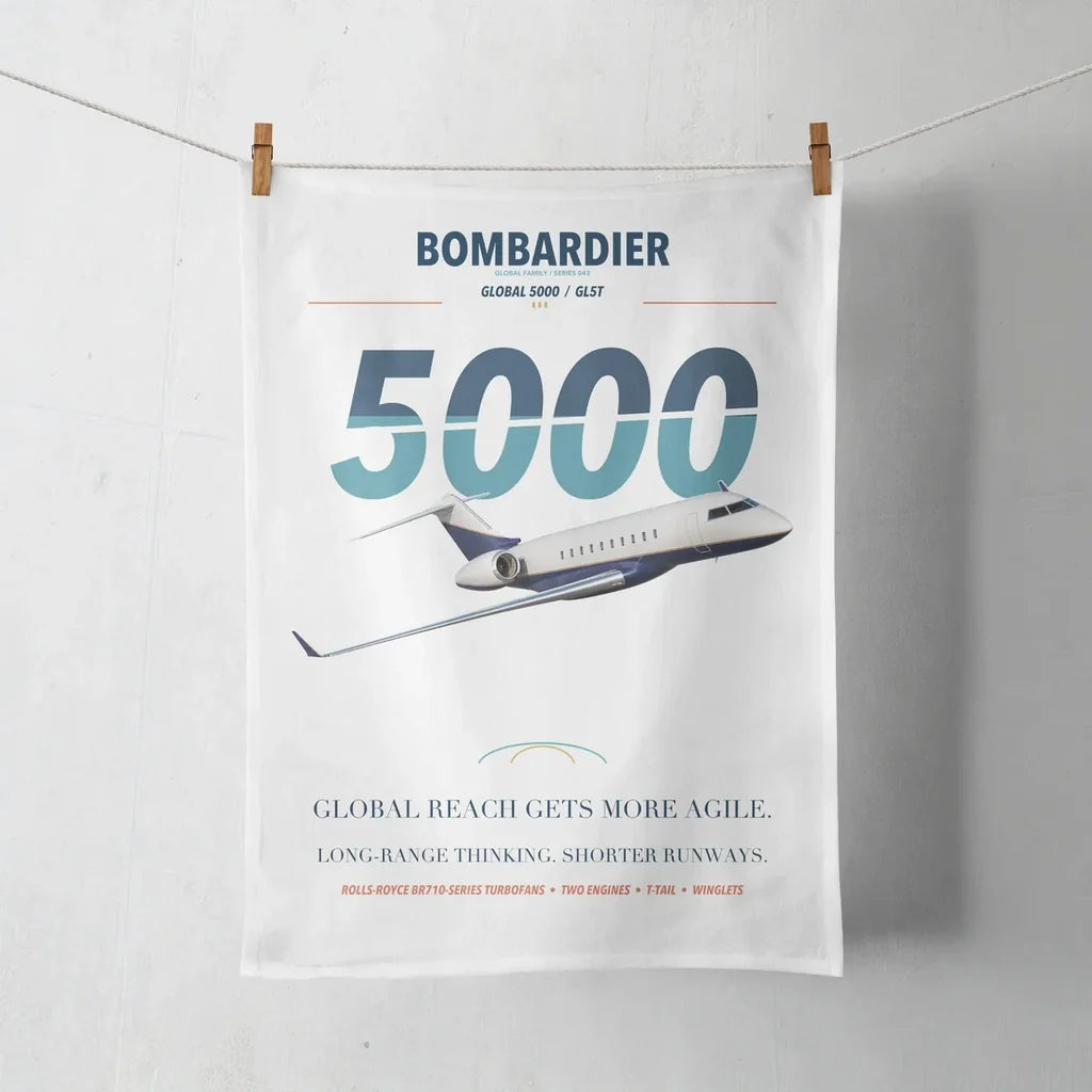 Bombardier Global 5000 design on white towel