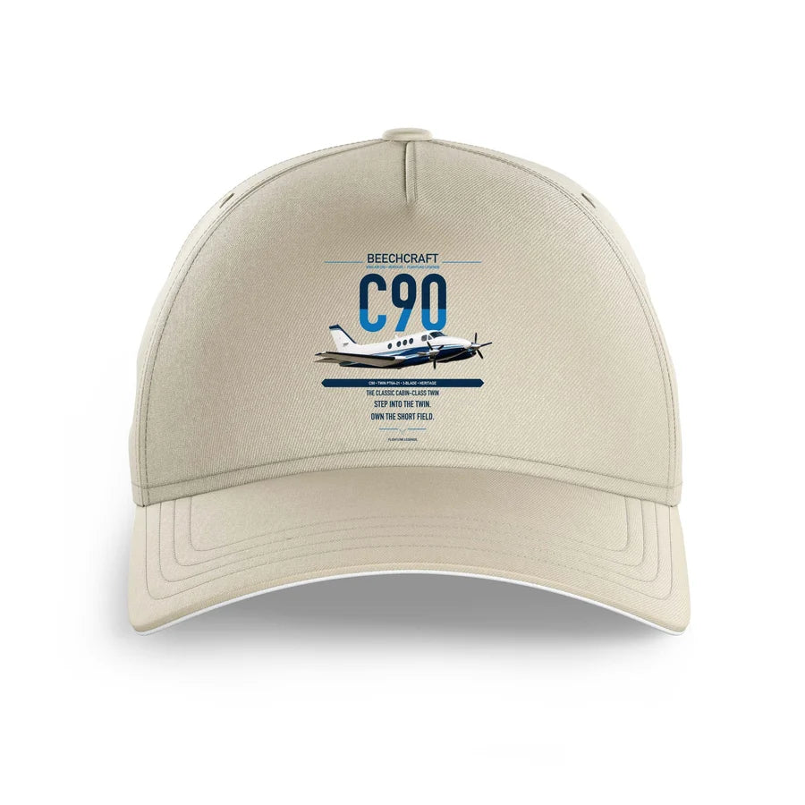 Beechcraft King Air C90 design on beige printed hat