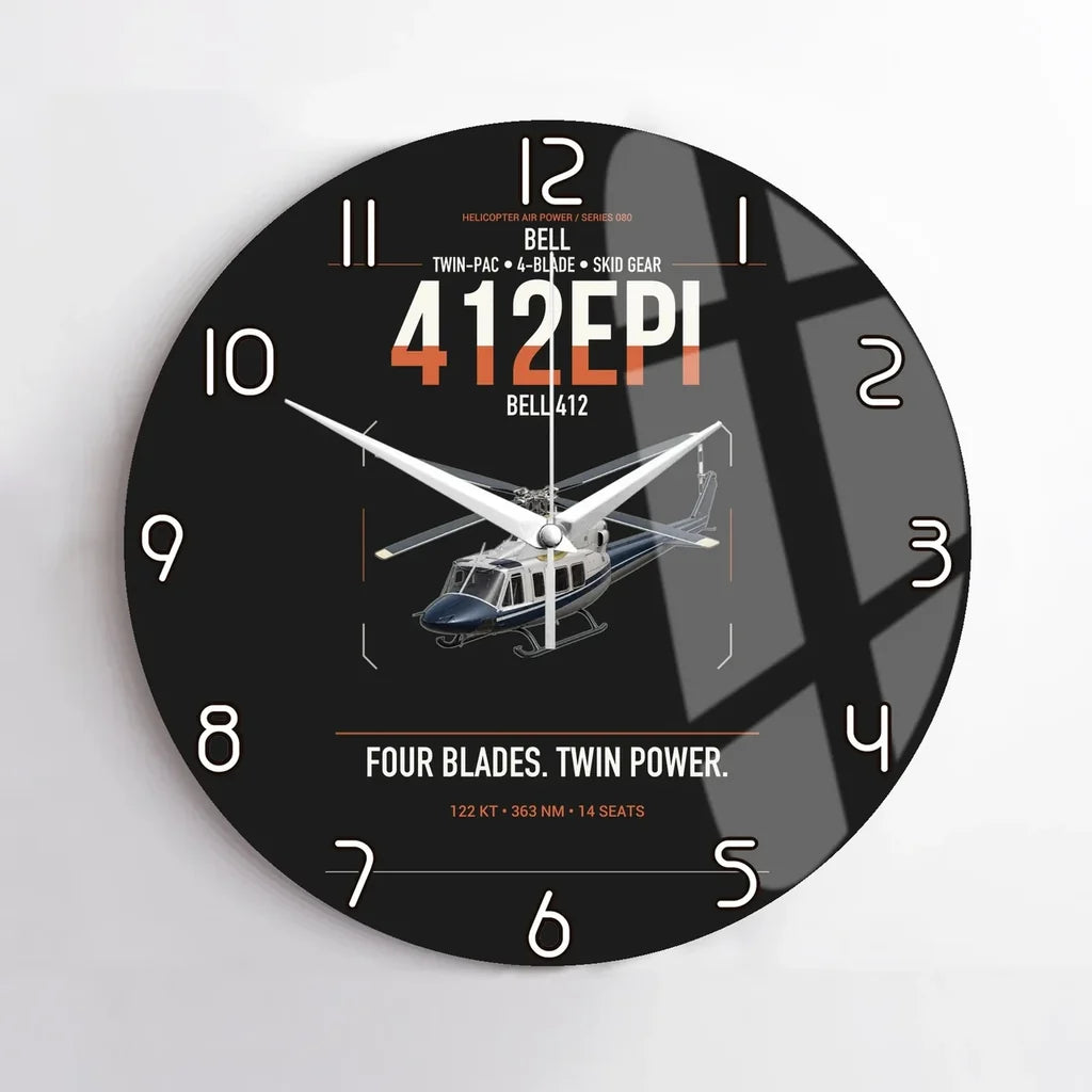Bell 412EPI design on black no frame wall clock