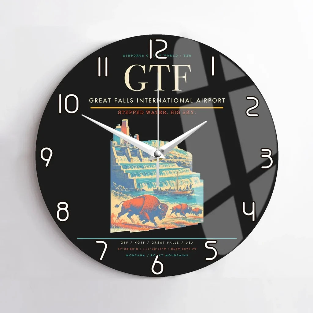 Great Falls International Airport (GTF) design on black no frame wall clock