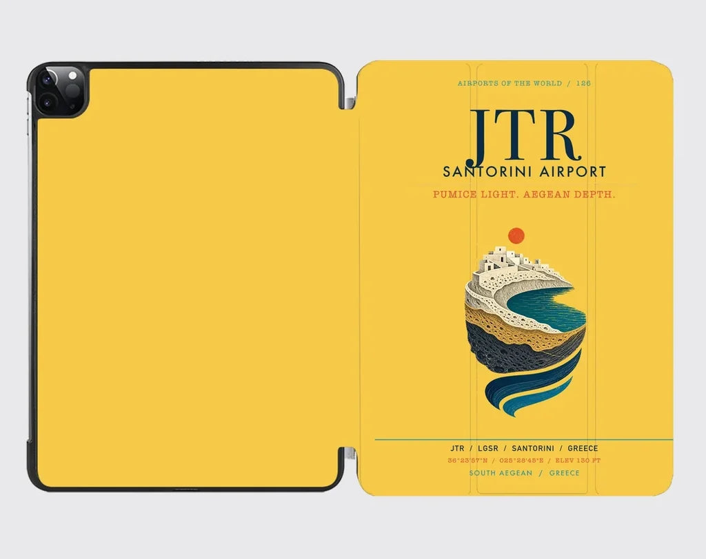 Santorini Airport (JTR) design on yellow ipad tablet case