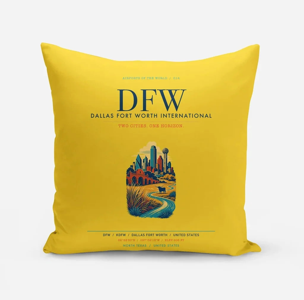 Dallas Fort Worth International Airport (DFW) design on yellow pillow