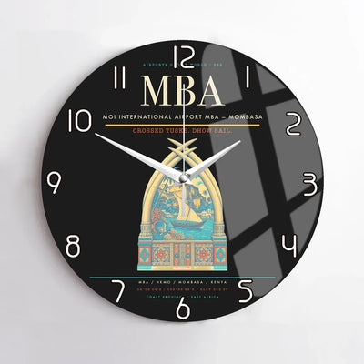 Moi International Airport (MBA) design on black no frame wall clock