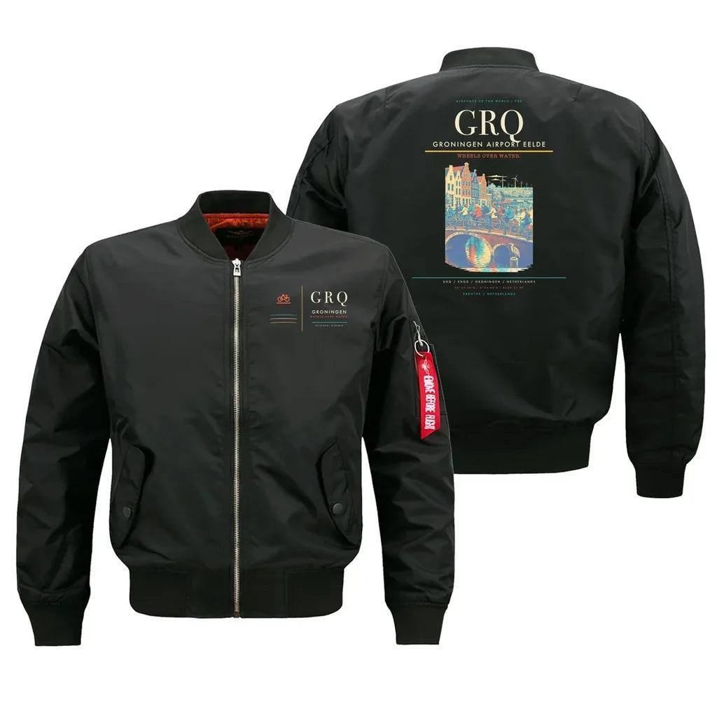 Groningen Airport Eelde (GRQ) design on black bomber jacket