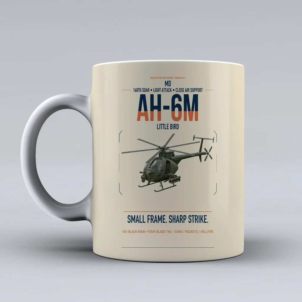 MD AH-6M Little Bird design on beige ceramic mug, double-side print