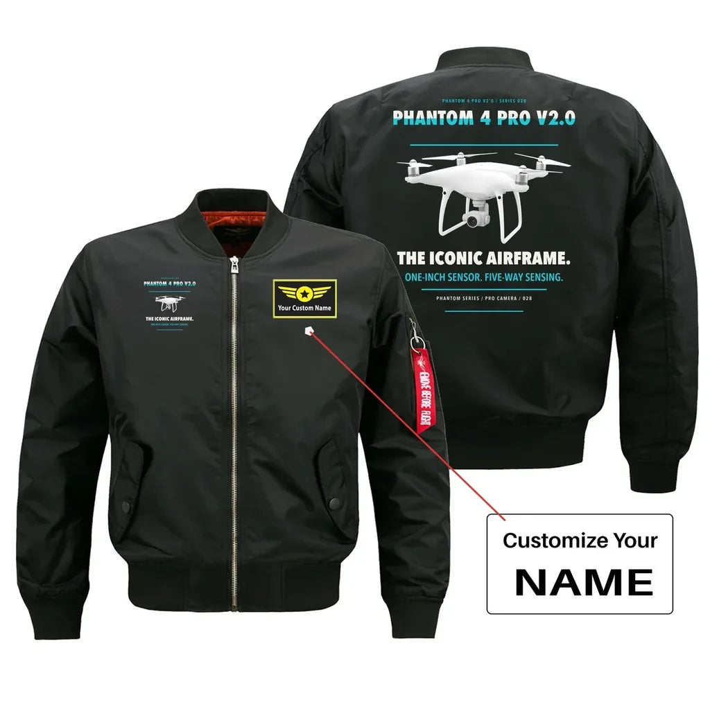 DJI Phantom 4 Pro V2.0 design on black bomber with custom name badge