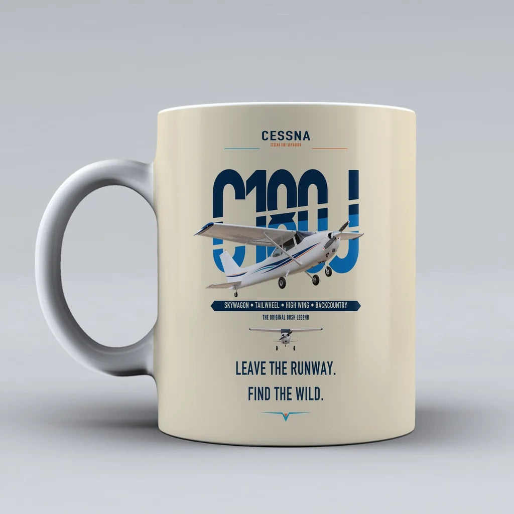 Cessna 180J Skywagon design on beige ceramic mug, double-side print