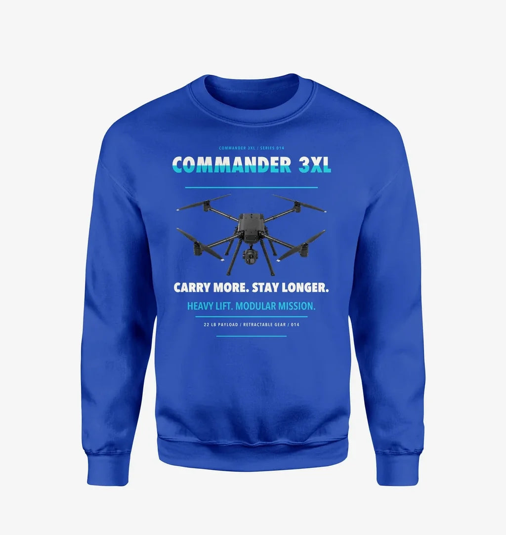 Draganfly Commander 3XL design on blue sweatshirt