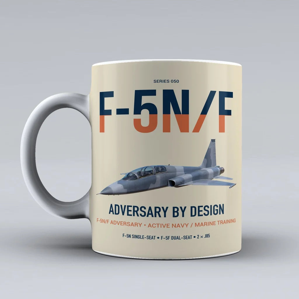 F-5N F Adversary design on beige ceramic mug, double-side print