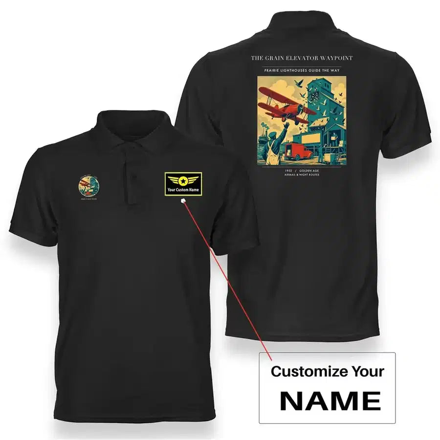 VINTAGE G4451 - The Grain Elevator Waypoint - Double-Side Polo T-Shirt design on black+name