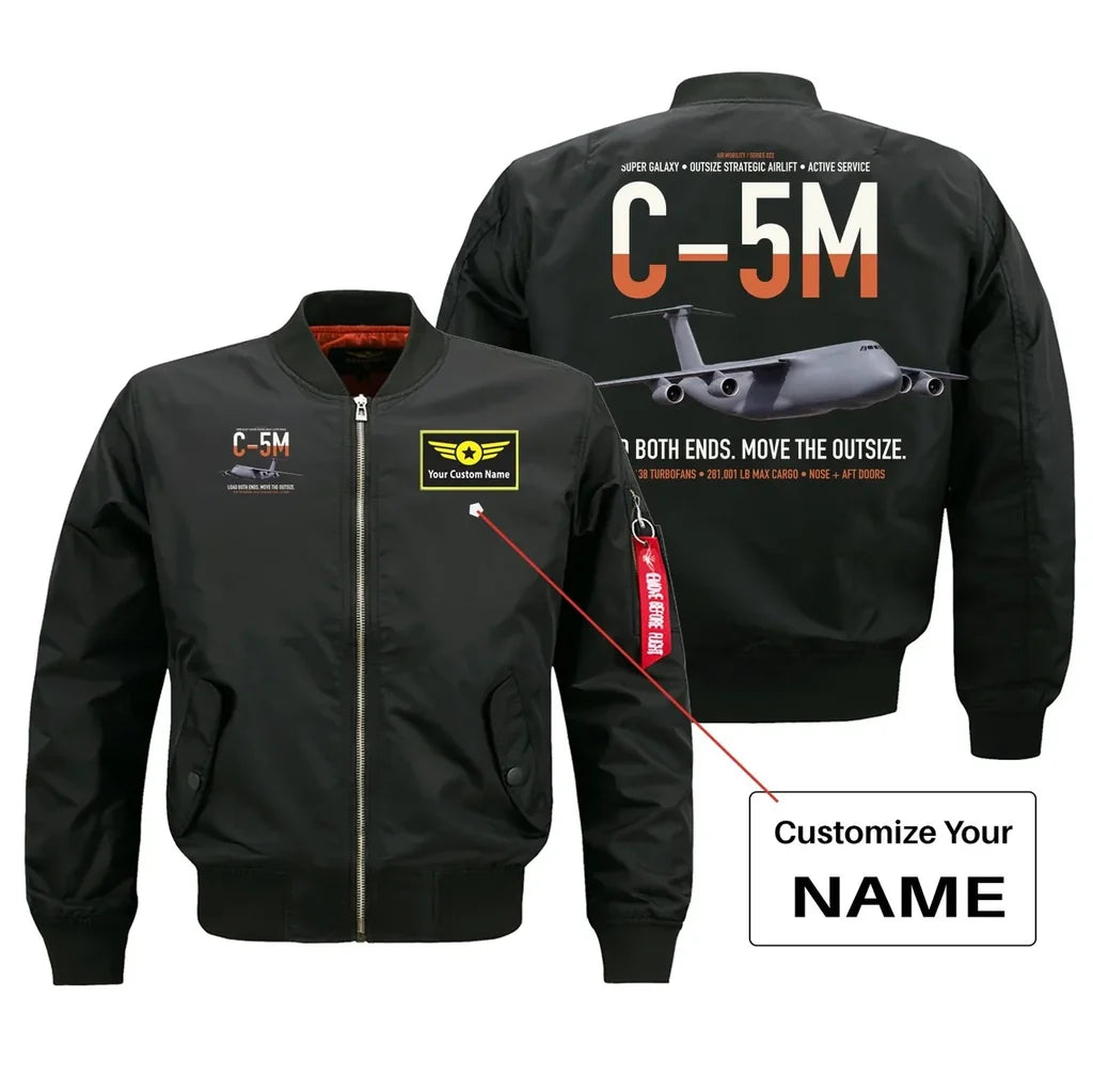 C-5M Super Galaxy design on black+name bomber jacket, double-side print