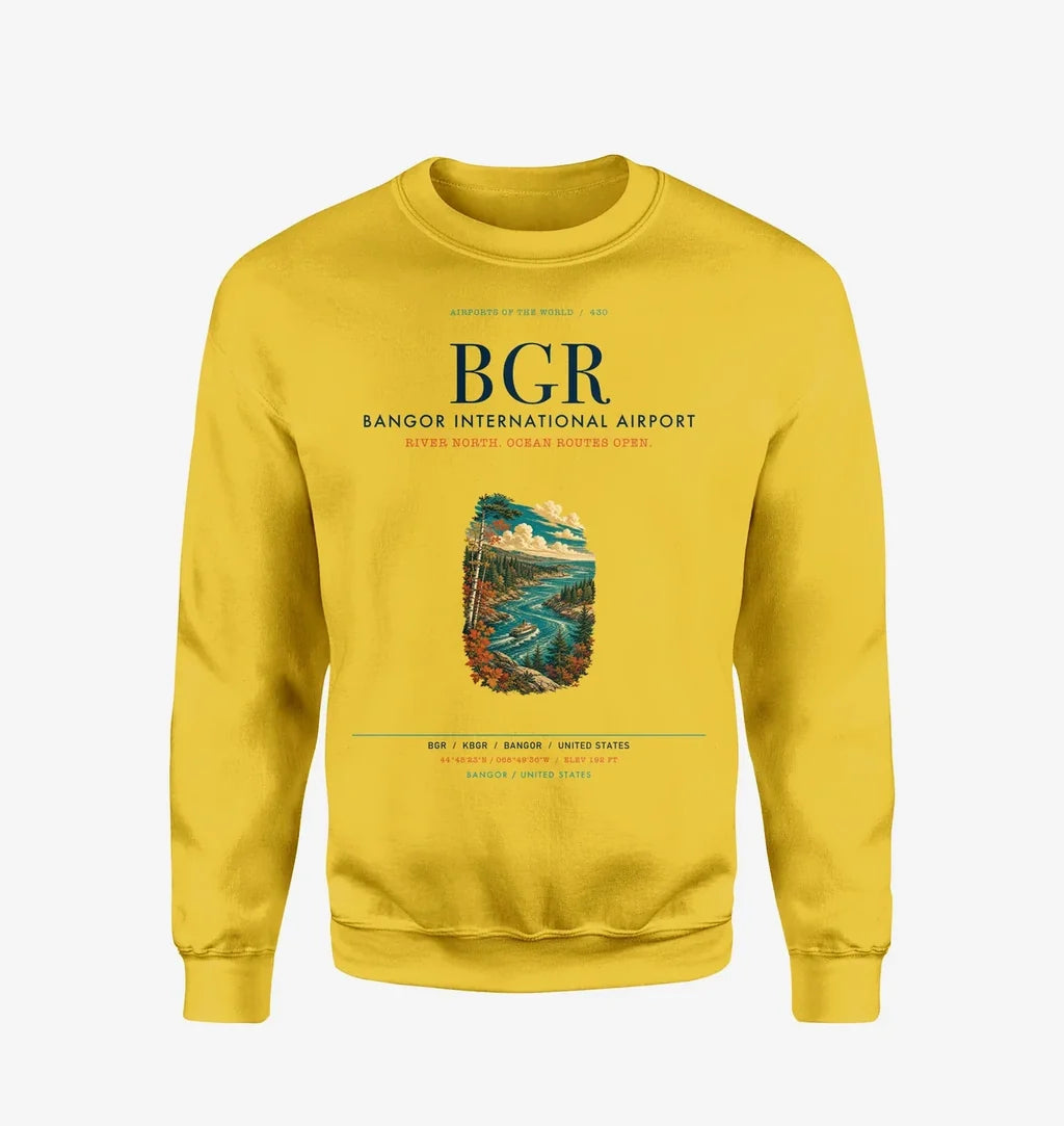 Bangor International Airport (BGR) design on yellow sweatshirt