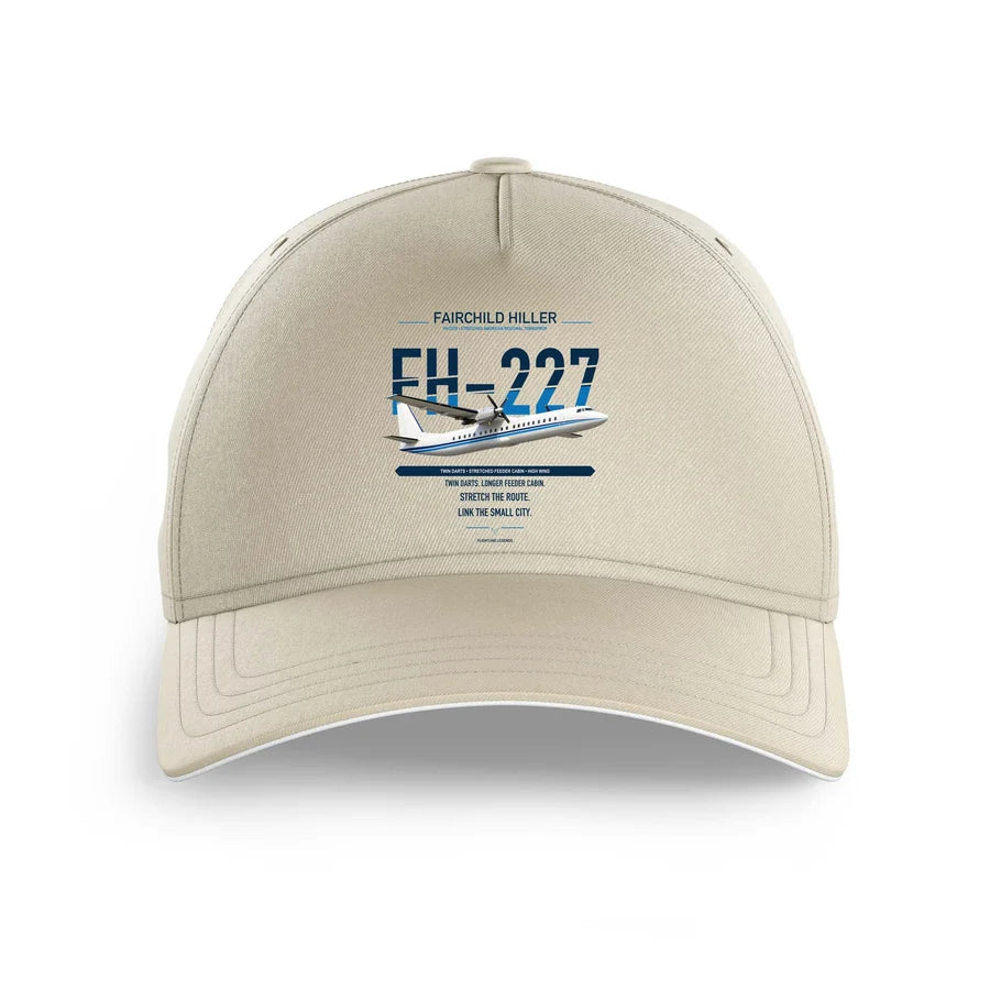 Fairchild Hiller FH-227B design on beige printed hat