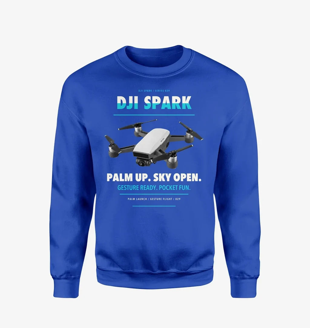 DJI Spark design on blue sweatshirt