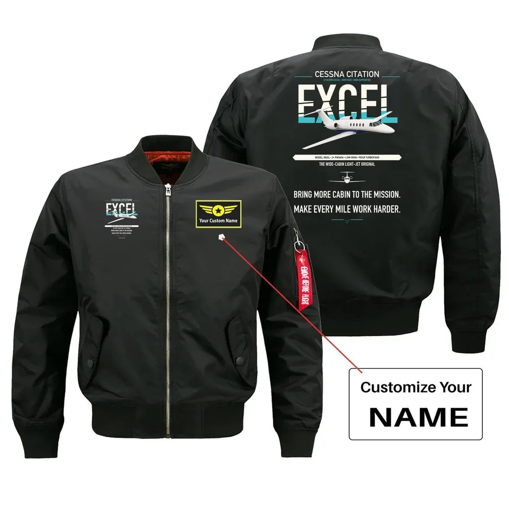 Cessna Citation Excel design on black+name bomber jacket, double-side print