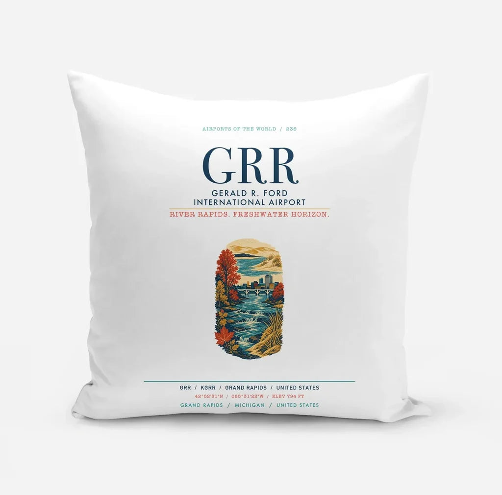 Gerald R. Ford International Airport Grand Rapids (GRR) design on white pillow