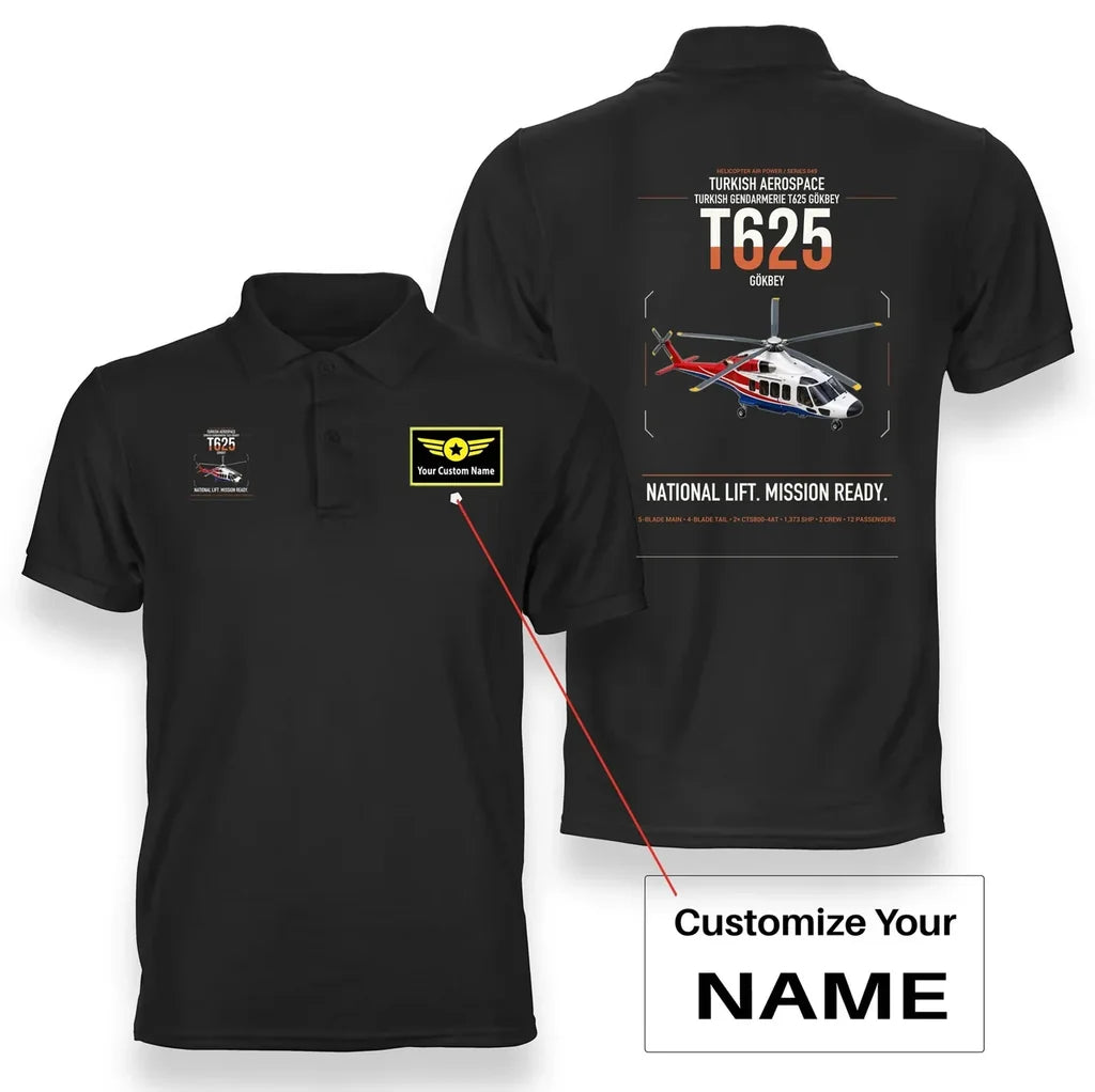 Turkish Aerospace T625 Gökbey design on black+name double-side polo t-shirt, double-side print