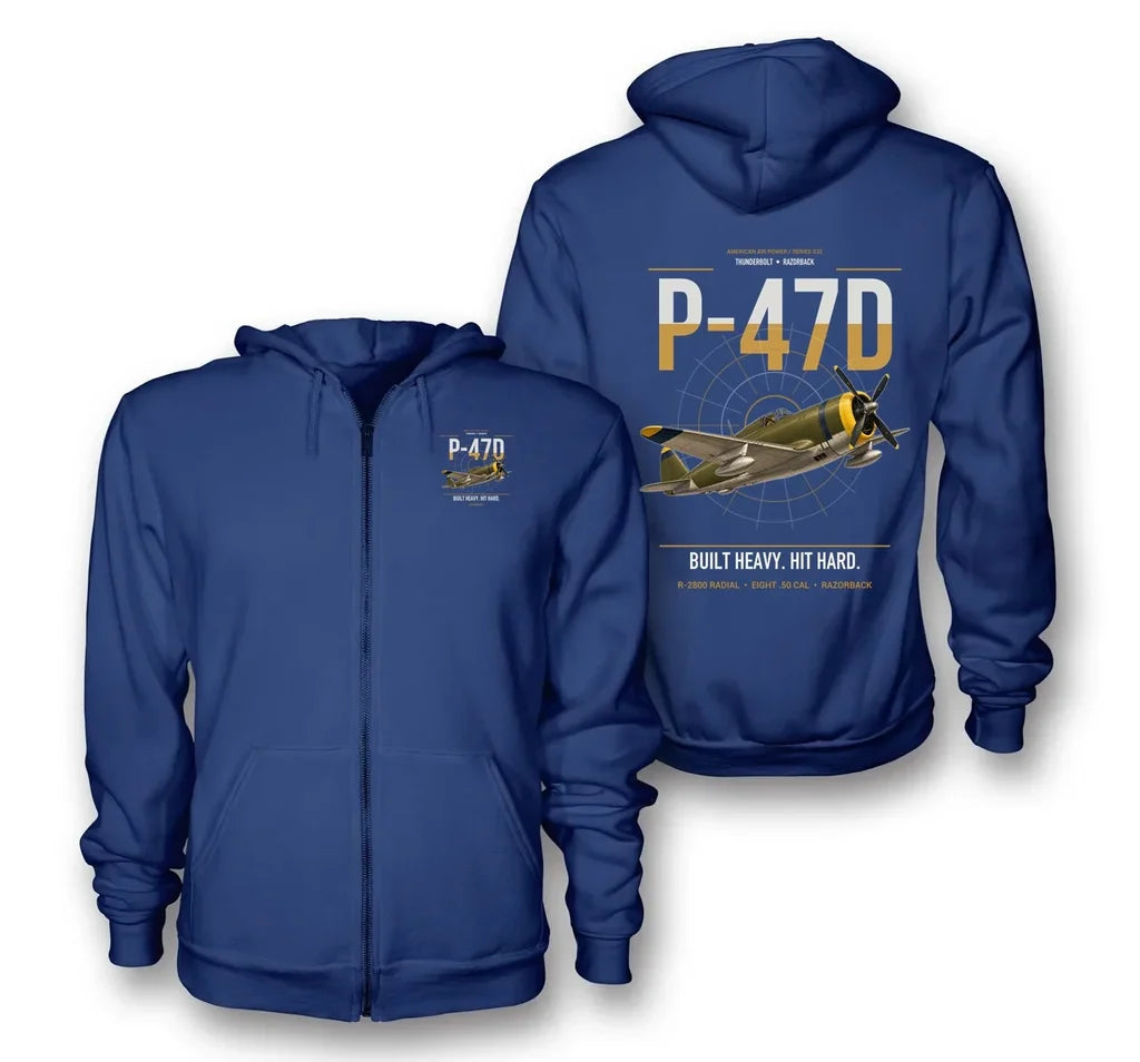 P-47D Thunderbolt Razorback design on blue premium zipped hoodie