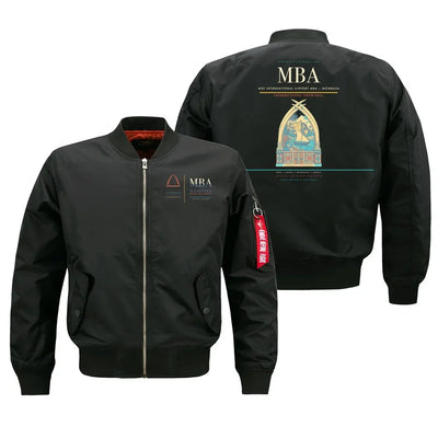 Moi International Airport (MBA) design on black bomber jacket