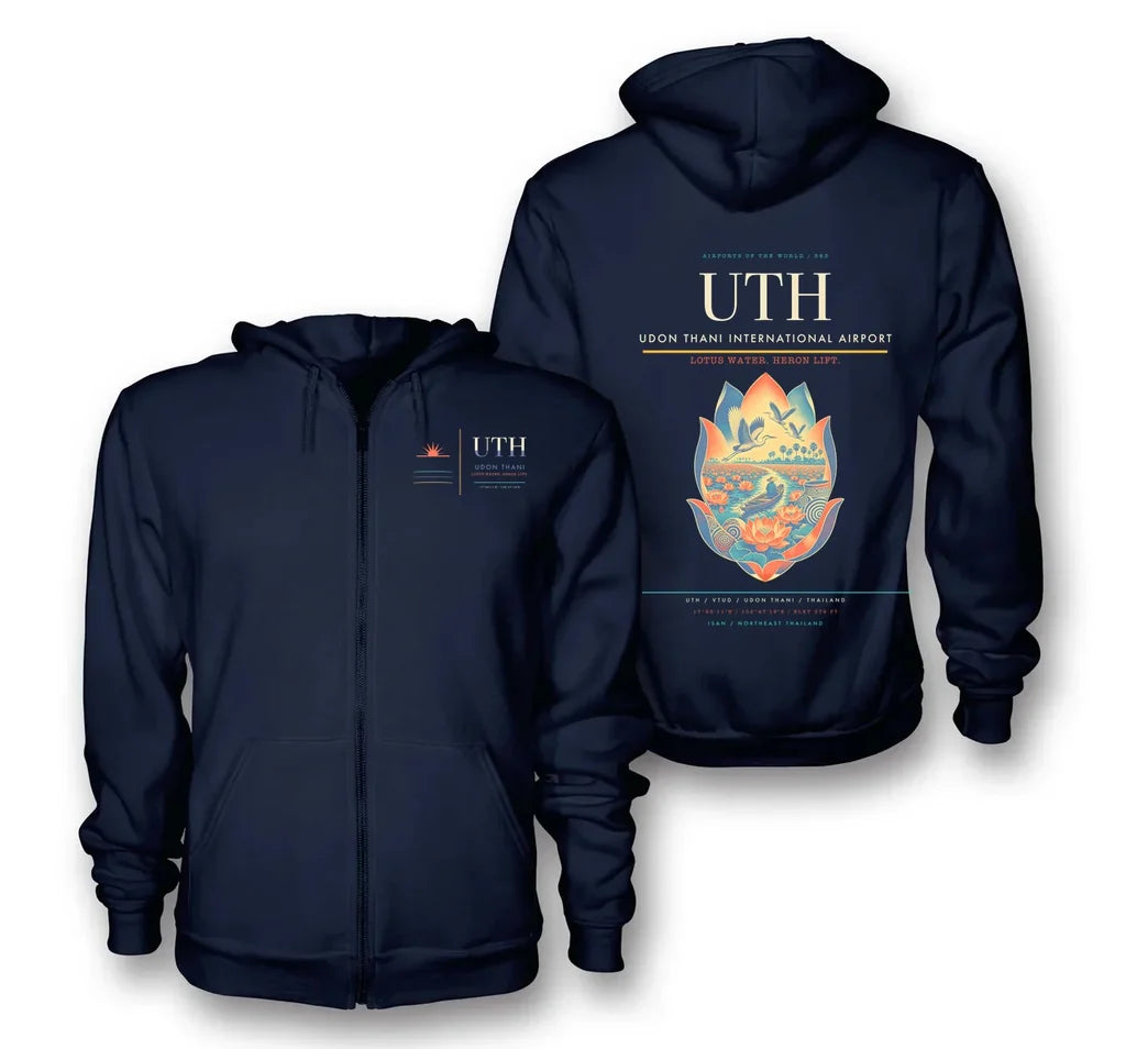 Udon Thani Airport (UTH) design on navy blue premium zipped hoodie