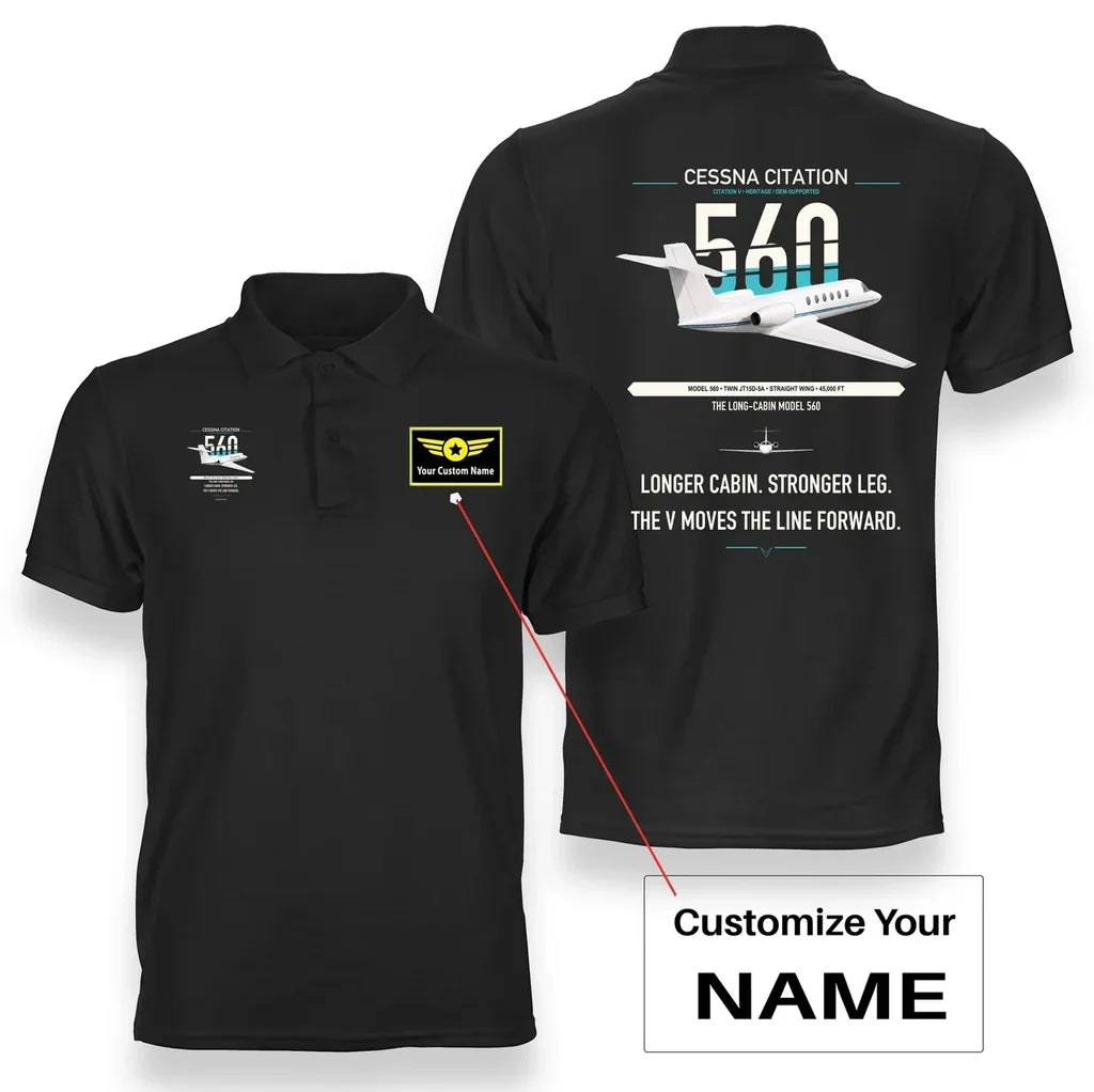 Cessna Citation 560 - Citation V design on black+name double-side polo t-shirt, double-side print