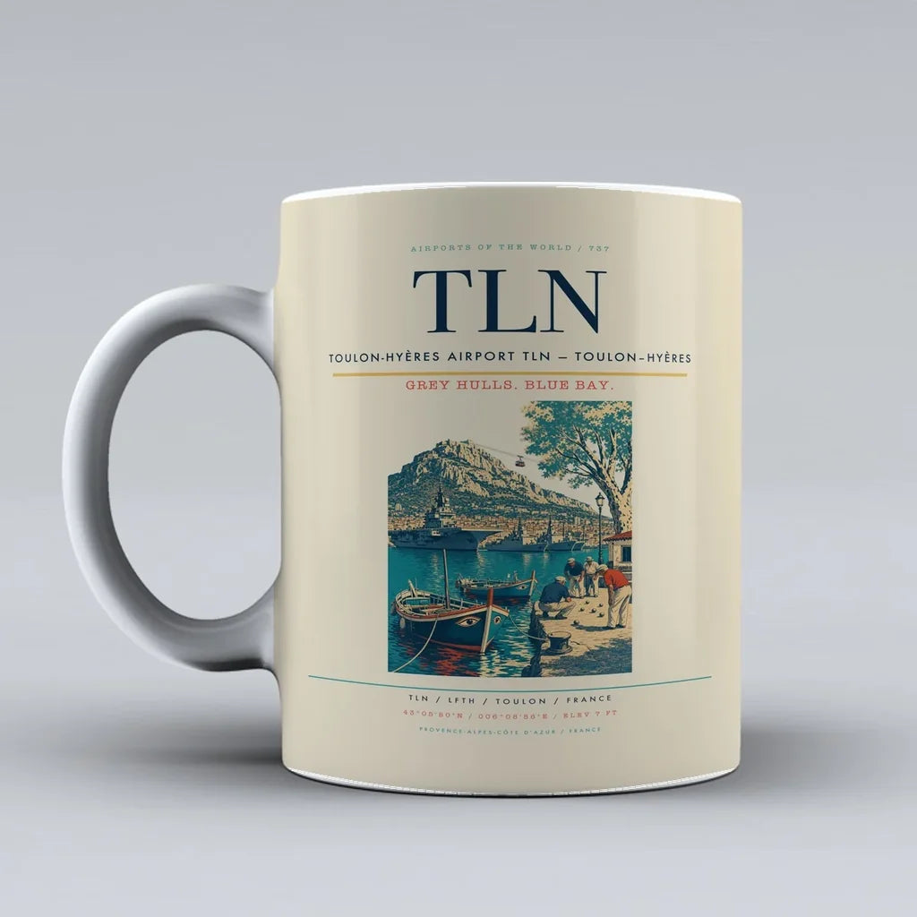 Toulon-Hyères Airport (TLN) airport code design on beige ceramic mug