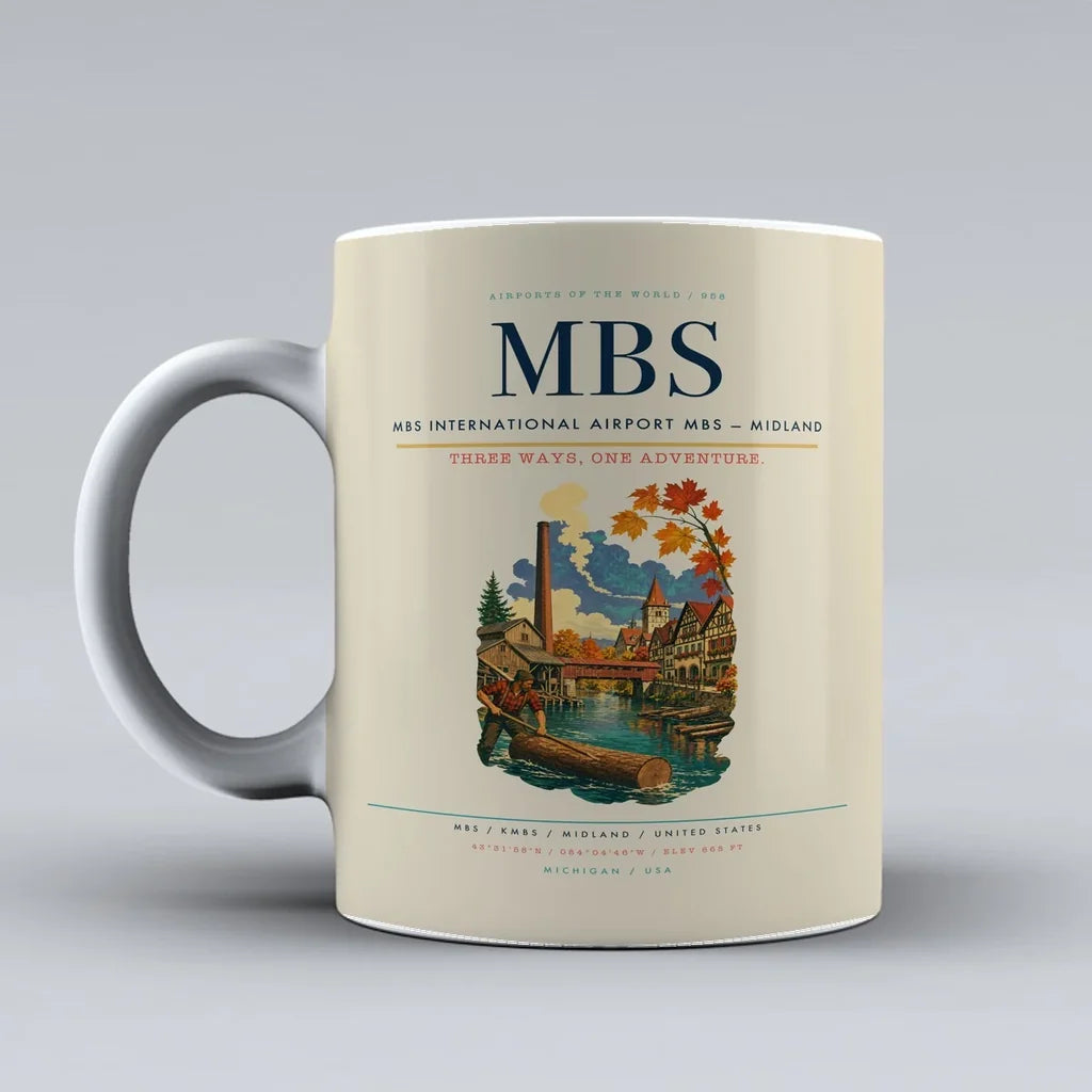 MBS International Airport (MBS) airport code design on beige ceramic mug
