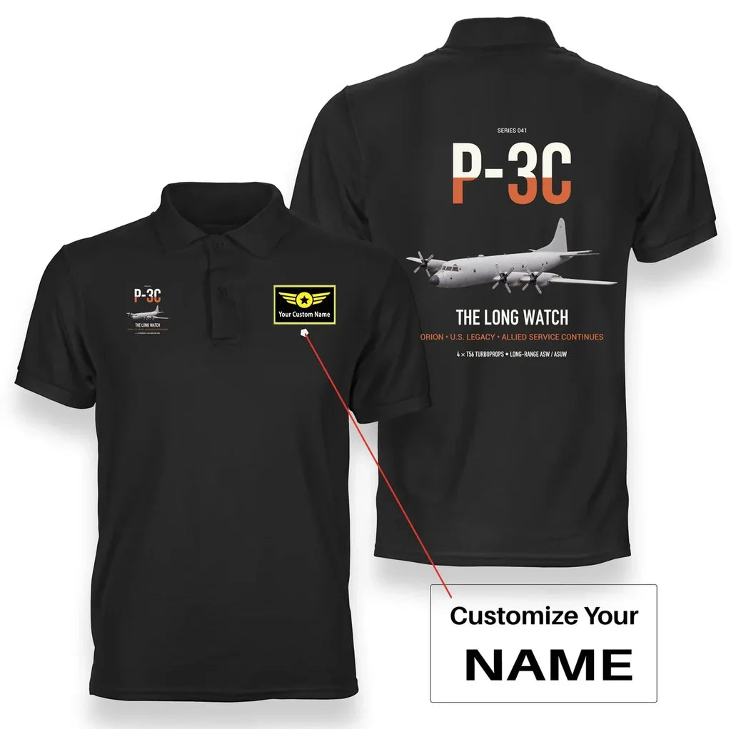 P-3C Orion design on black+name double-side polo t-shirt, double-side print