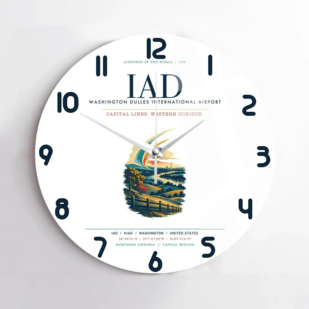 Washington Dulles International Airport (IAD) design on white no frame wall clock