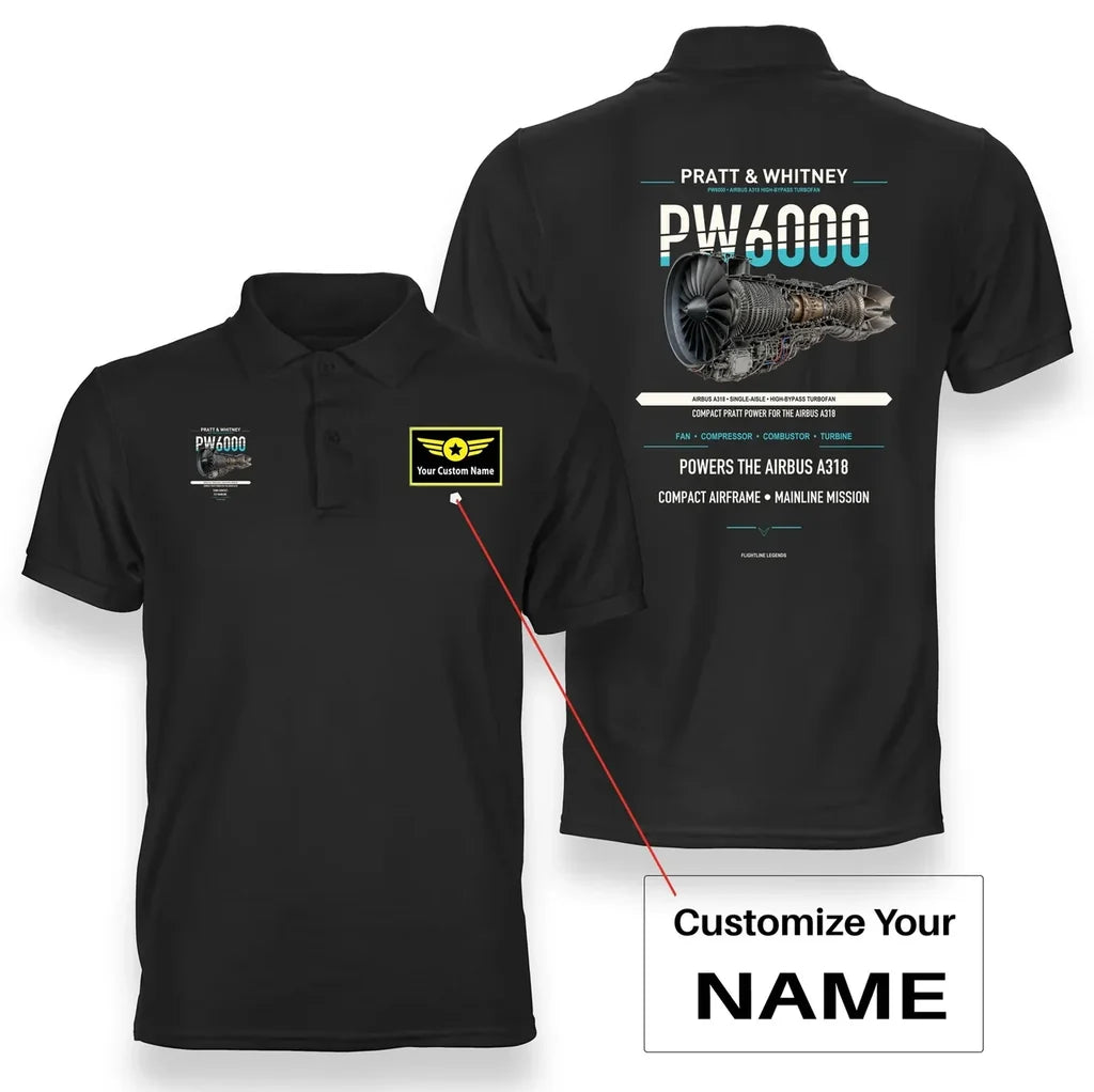 PW6000 design on black polo with custom name badge