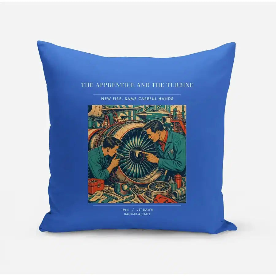 VINTAGE G4470 - The Apprentice And The Turbine - Designed Pillows design on blue